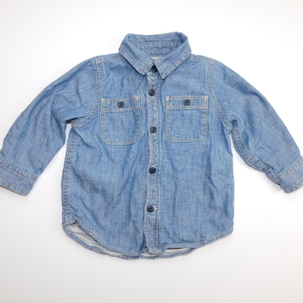 Baby Gap  Gray Jersey Lined Blue Chambray Button down Shirt boy 18-24 Months